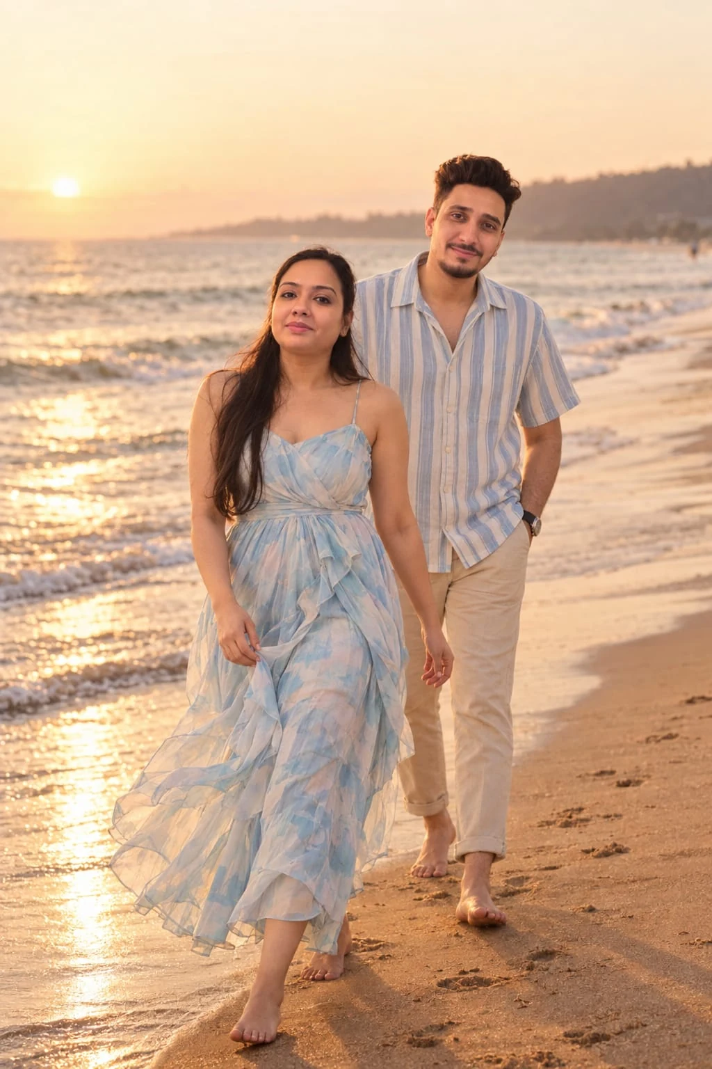 Madhu and Parichay walking together at the beach at sunset