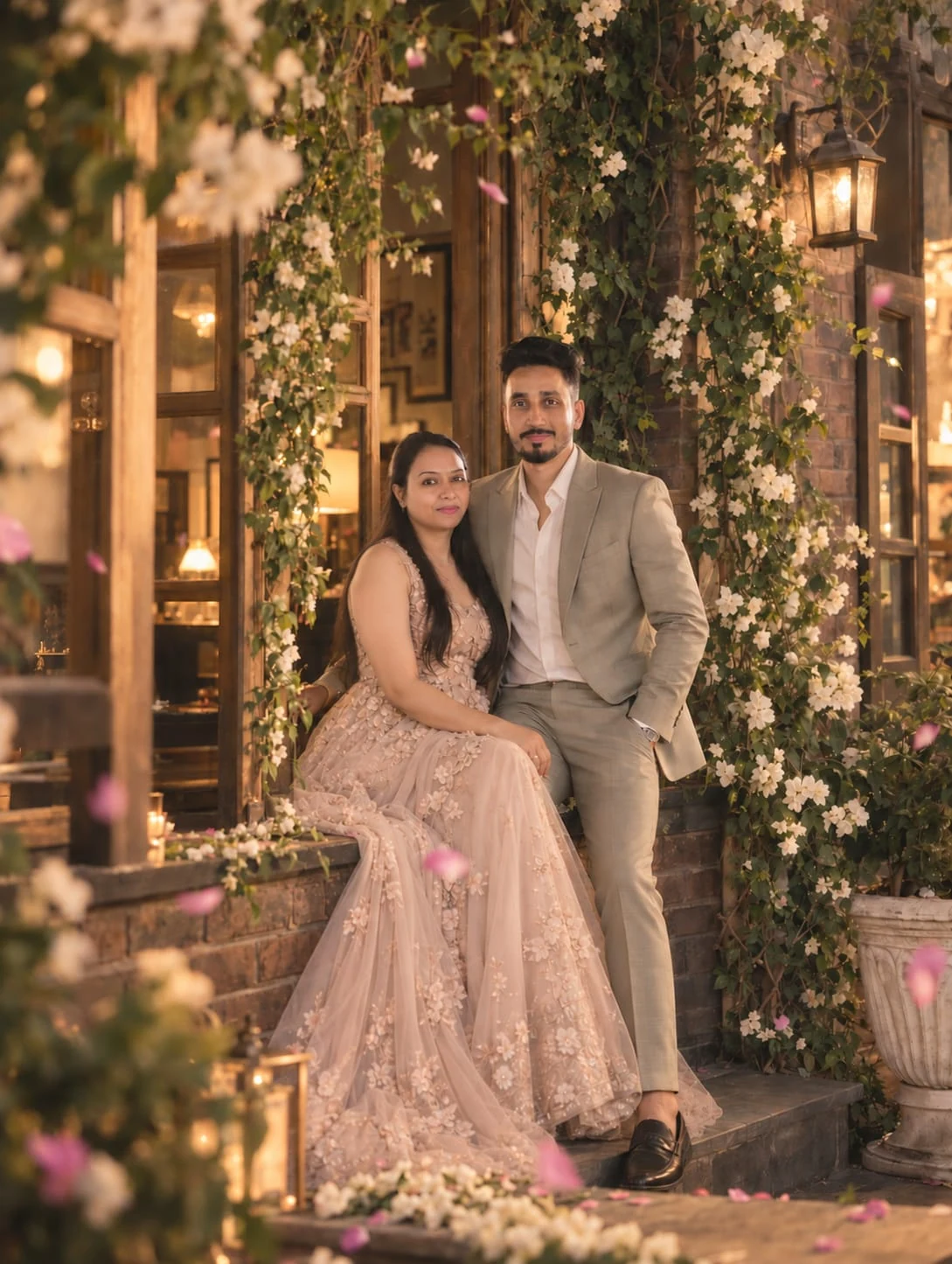 Madhu and Parichay together beneath flowers and lanterns