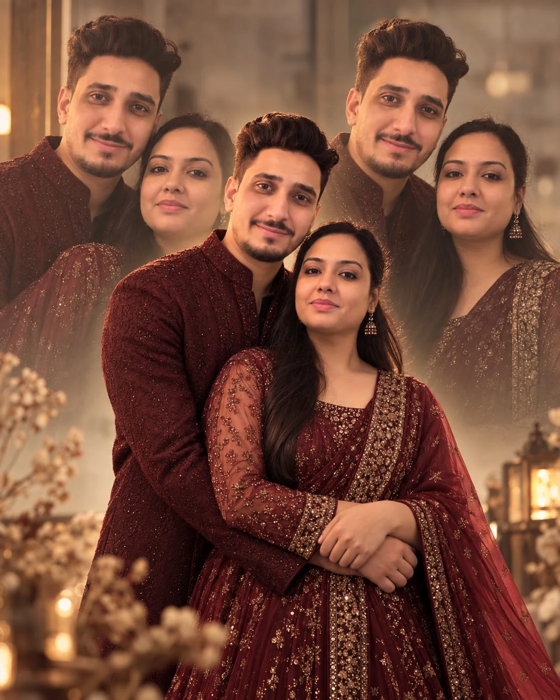 A maroon-toned portrait collage of Madhu and Parichay